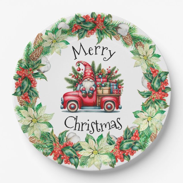 Gnome in rotem LKW gefüllt mit Geschenken Pappteller (Vorderseite)