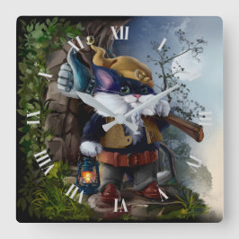 Gnome Katze mit Vorschlaghammer und Lampe geht zur Quadratische Wanduhr