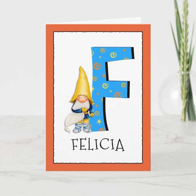 Gnome Kids Letter F Name and Age Birthday Gruß Karte (Vorderseite)