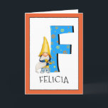 Gnome Kids Letter F Name and Age Birthday Gruß Karte<br><div class="desc">Klicken Sie auf "Anpassen", um die Randfarbe zu ändern. Wenn Sie den Namen und das Alter eines Geburtstagsmädchens oder eines Jungen zu unserer Monogrammkarte hinzufügen, erstellen Sie einen einmaligen, speziell für Kinder gestalteten Geburtstagsgruß. Neben dem großen blauen Buchstaben mit gelben und orangefarbenen Sternen und Spiralen zu stecken ist eines unserer...</div>