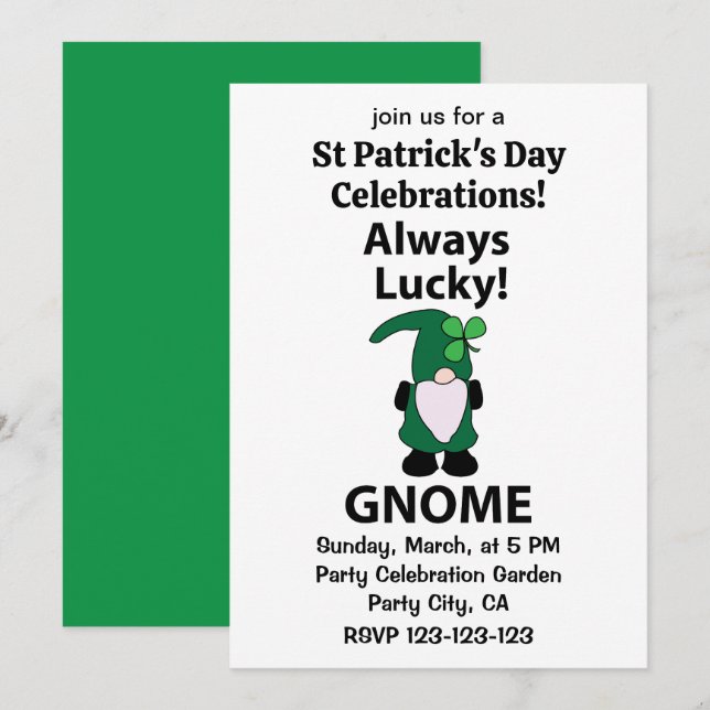 Gnome Kleeblatt Lucky St Patricks Day Gnome Einladung (Vorne/Hinten)