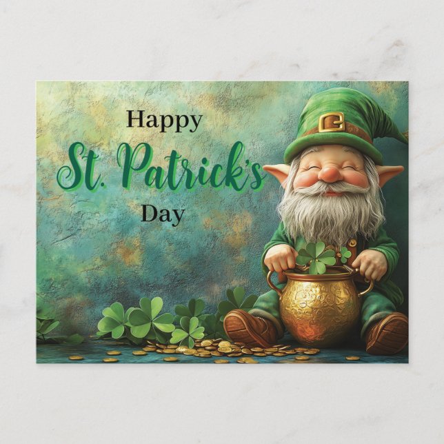 Gnome Leprechaun und Pot of Gold St Patrick's Day Postkarte (Vorderseite)