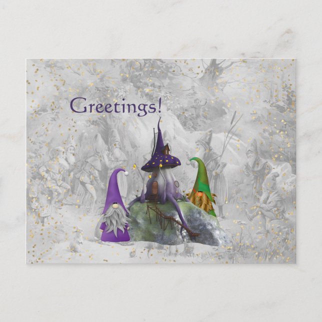 Gnome Lila House Gold Confetti Postkarte (Vorderseite)