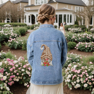 Gnome mit Basket von Erdbeeren Karierte Hutfrauen Jeansjacke