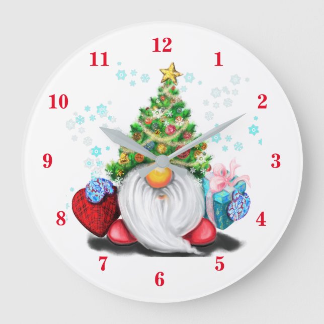 Gnome mit Weihnachtsbaumhut und Geschenk - Fu Große Wanduhr (Vorderseite)