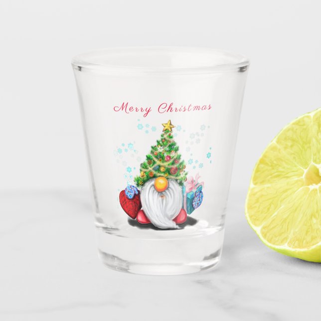 Gnome mit Weihnachtsbaumhut und Geschenk-Shotglas Schnapsglas (Vorderseite)
