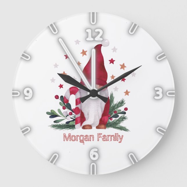 Gnome Pine Tree Branches Sterne Weihnachten Große Wanduhr (Vorderseite)