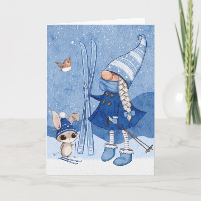 Gnome Rabbit Ski Weihnachtskarte Karte (Vorderseite)