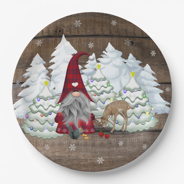 Gnome Red Kariert Eichhörnchen Weihnachtsbaum Pappteller (Vorderseite)
