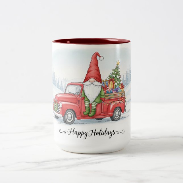Gnome Red Truck Christmas Mug, Happy Holidays Cup Zweifarbige Tasse (Mittel)