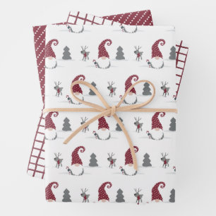 Gnome & Rentiere, Gitter und Punkte Skandinavien Geschenkpapier Set