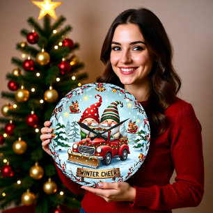 Gnome roter Lastwagen Winter Große Wanduhr