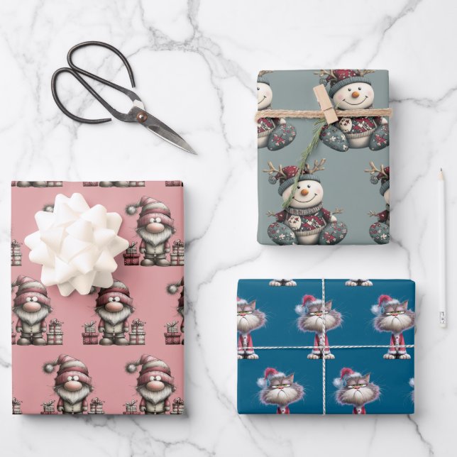 gnome, snowman,  cute tired santa elf cat geschenkpapier set (Vorderseite)