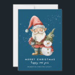 Gnome Snowman Frohe Weihnachts Corporate Flat Feiertagskarte<br><div class="desc">Eine rot gekleidete Gnome steht neben einem Schneemann in einem grünen Strumpf mit Hut und rotem Schal. Sie sind umgeben von einem weißen Schneeabbau, der auf dem dunkelblauen Hintergrund Pop. Die minimalistische Ästhetik entsteht mit einem einfachen Frohen Weihnachten und Glück Neues Jahr unten. Der Firmenname läuft senkrecht auf der rechten...</div>