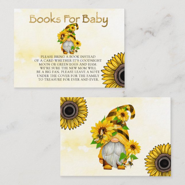 Gnome Sonnenblumen und Bienenbücher für Baby Visitenkarte (Vorne/Hinten)