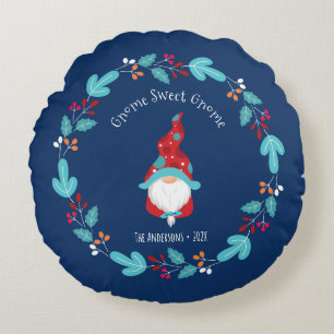 Gnome Sweet Gnome Modern Elf Floral Wreath Blue Rundes Kissen