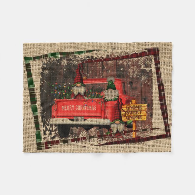 Gnome Sweet Gnome Red Truck Kariert Rustikal Fleecedecke (Vorderseite (Horizontal))