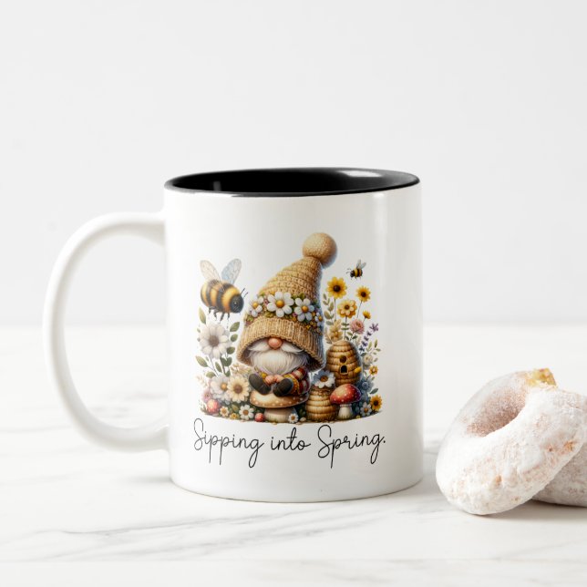 Gnome und Bienenfeder Zweifarbige Tasse (Mit Donut)