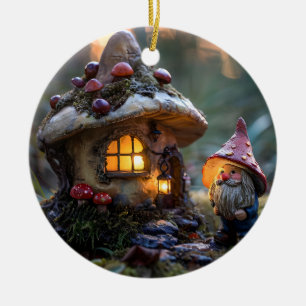 Gnome und ein Pilzhaus, Fantasy Design Keramik Ornament