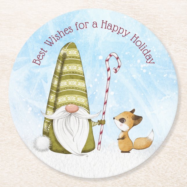 Gnome und Fox Best Wishs Happy Holiday Custom Runder Pappuntersetzer (Vorderseite)