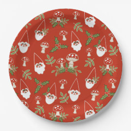 Gnome und Pilze auf Red Woodland Urlaub Pappteller