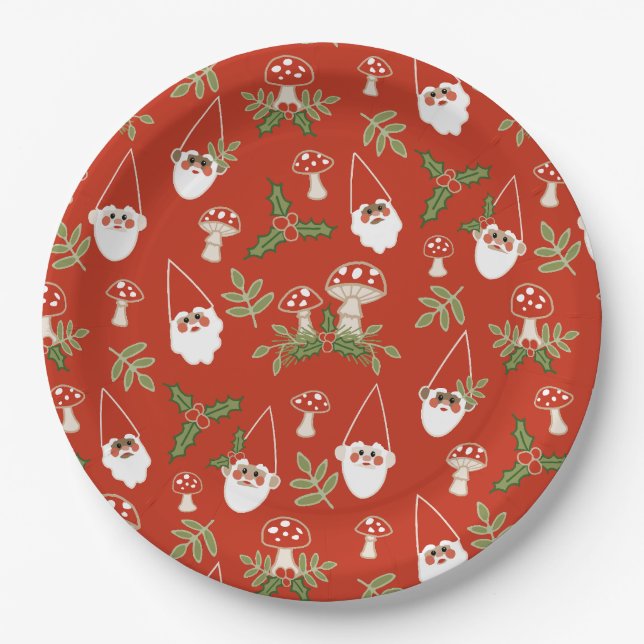 Gnome und Pilze auf Red Woodland Urlaub Pappteller (Vorderseite)