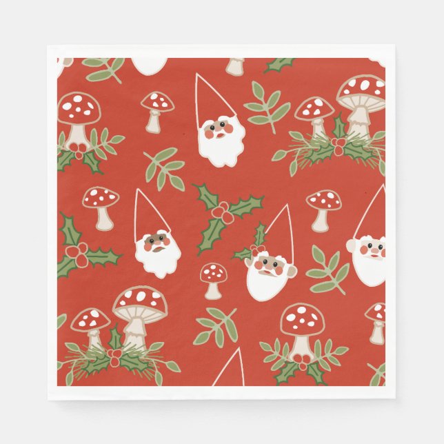 Gnome und Pilze auf Red Woodland Urlaub Serviette (Vorderseite)