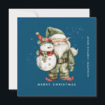 Gnome und Snowman frohe Weihnachtsgeschenk Feiertagskarte<br><div class="desc">Eine rot gekleidete Gnome steht neben einem Schneemann in einem grünen Strumpf mit Hut und rotem Schal. Sie sind umgeben von einem weißen Schneeabbau, der auf dem dunkelblauen Hintergrund Pop. Die minimalistische Ästhetik entsteht mit einem einfachen Frohen Weihnachten unten und der Firmenname läuft senkrecht auf dem rechten Rand. Eine bearbeitbare...</div>