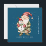Gnome und Snowman frohe Weihnachtsgeschenk Feiertagskarte<br><div class="desc">Eine rot gekleidete Gnome steht neben einem Schneemann in einem grünen Strumpf mit Hut und rotem Schal. Sie sind umgeben von einem weißen Schneeabbau, der auf dem dunkelblauen Hintergrund Pop. Die minimalistische Ästhetik entsteht mit einem einfachen Frohen Weihnachten unten und der Firmenname läuft senkrecht auf dem rechten Rand. Eine bearbeitbare...</div>