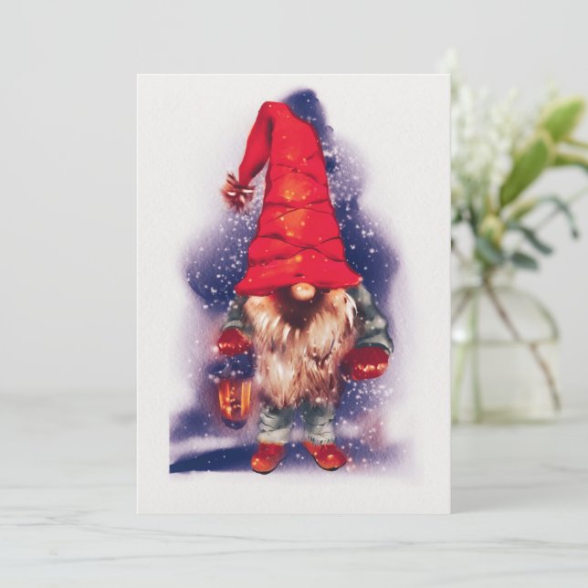 Gnome with a Lantern Christmas Feiertagskarte (Stehend Vorderseite)