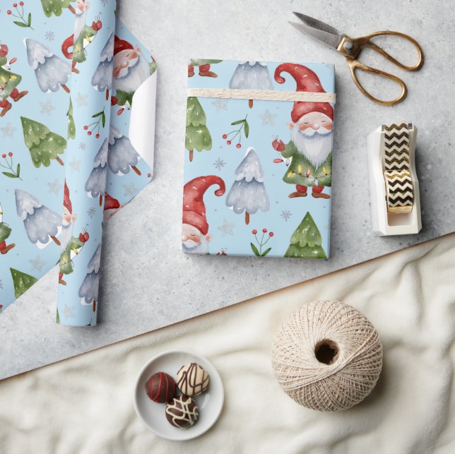 Gnome Wrapping Paper Light Blue Watercolor Geschenkpapier (Kunsthandwerk)