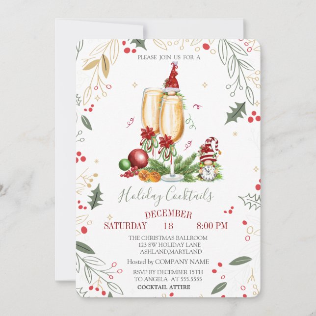 Gnomes Champagne Glass Balls Company Weihnachten Einladung (Vorderseite)