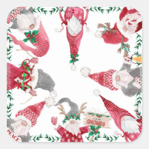 Gnomes Christmas Holiday Red Gray Niedlich Waterco Quadratischer Aufkleber
