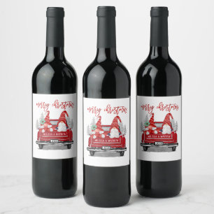 Gnomes Couple Vintag Red Truck Frohe Weihnachten Weinetikett
