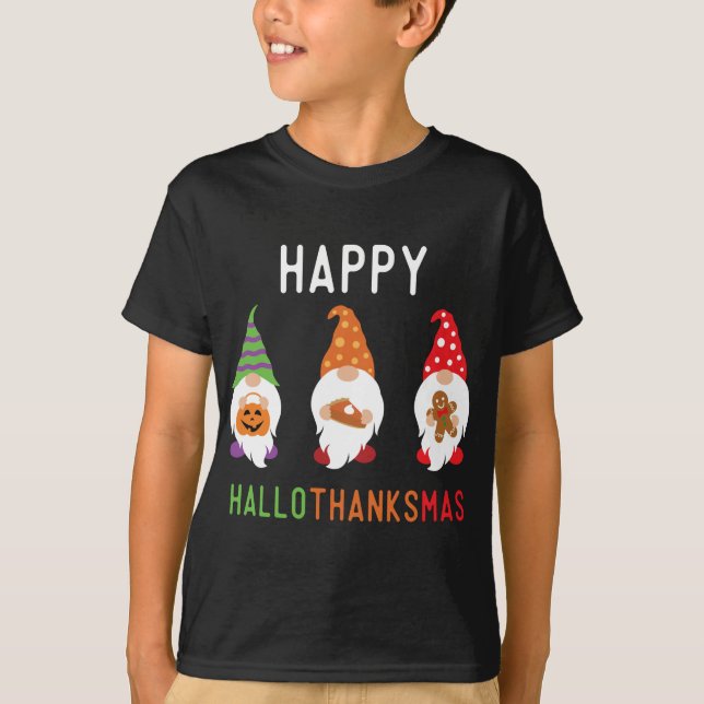Gnomes Happy Hallothanksmas Halloween-Erntedank T-Shirt (Vorderseite)