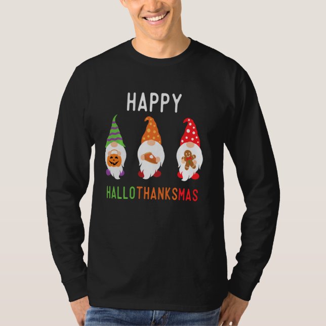 Gnomes Happy Hallothanksmas Halloween-Erntedank T-Shirt (Vorderseite)