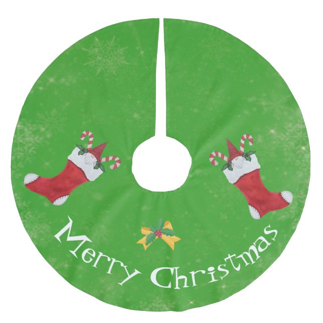 Gnomes in Red Christmas Strumpfs Candy Cane Green Polyester Weihnachtsbaumdecke (Vorderseite)