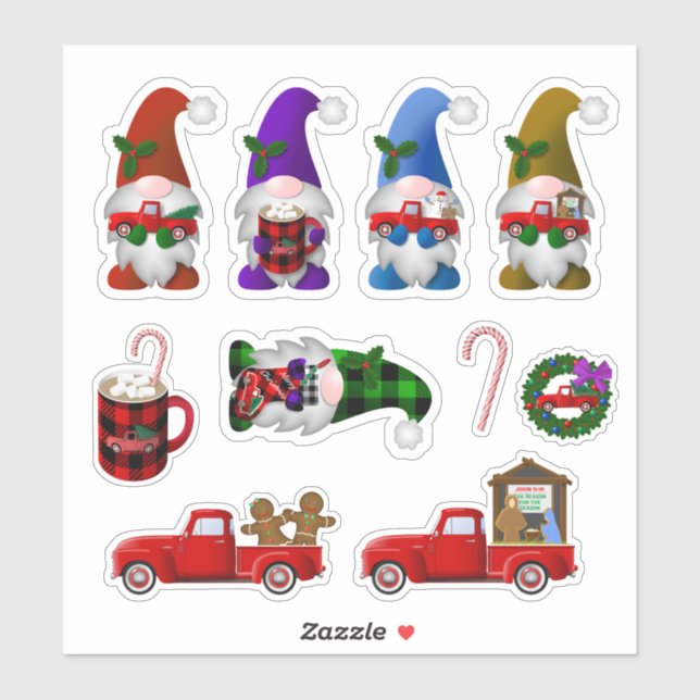 Gnomes mit kleinen roten Lastwagen Weihnachtsklebe Aufkleber (Blatt)