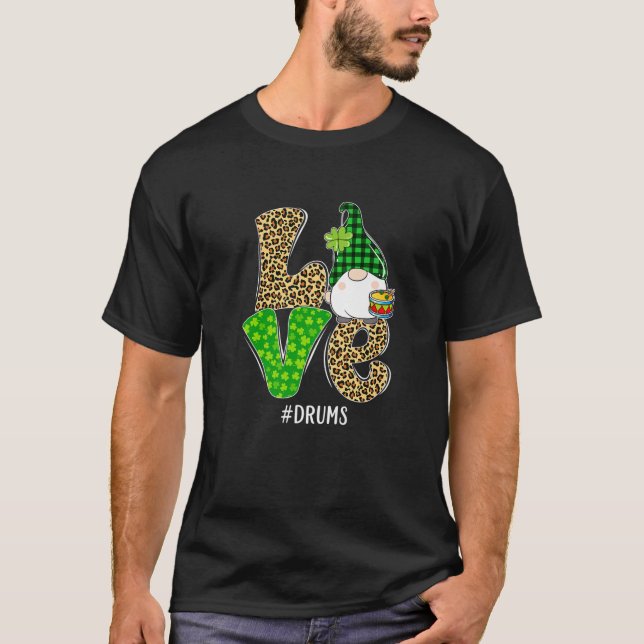 Gnomes Patrick's Day Liebe Drums Leopard Karierte  T-Shirt (Vorderseite)