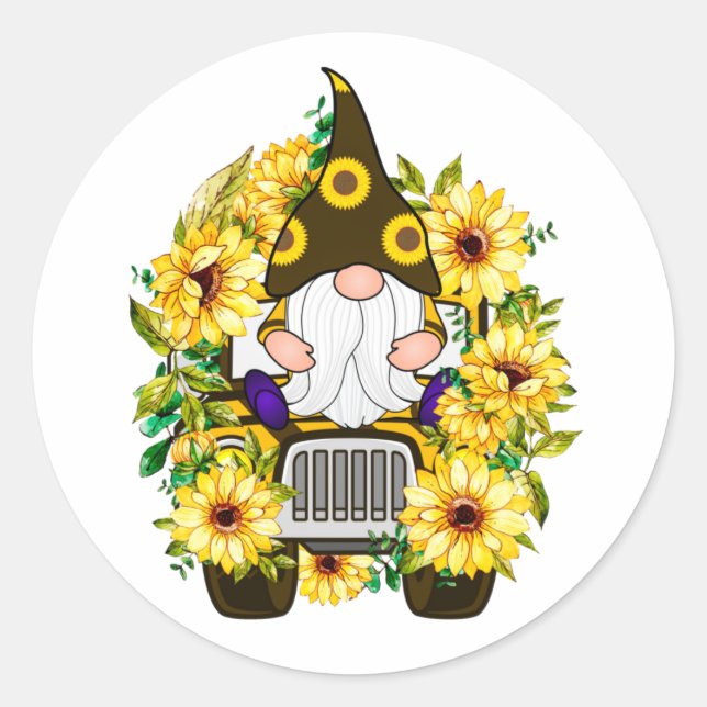 Gnomes Sunflower Truck Runder Aufkleber (Vorderseite)