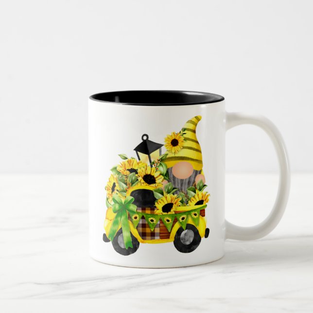 Gnomes Sunflower Truck Zweifarbige Tasse (Rechts)