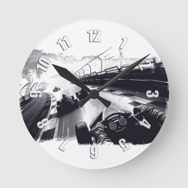 Go-Cart-Racers, die sich um den Track drehen Runde Wanduhr (Vorderseite)