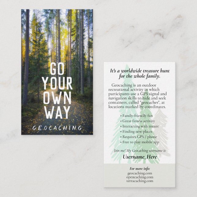 Go Geocaching Trail Card mit Infos für Muggles Visitenkarte (Vorne/Hinten)