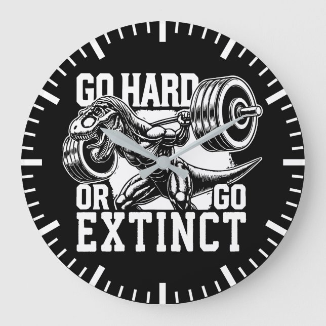 Go Hard oder Go Extinct - T-Rex-Fitnessstudio Moti Große Wanduhr (Vorderseite)
