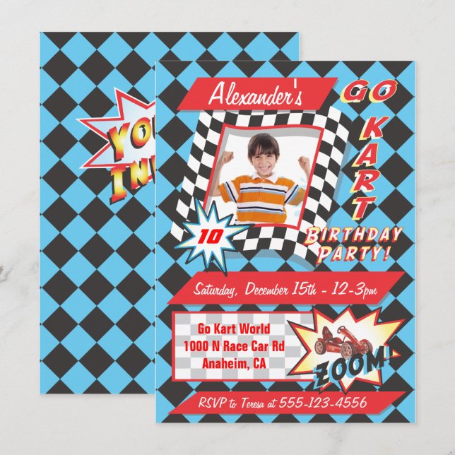Go Kart Geburtstagsparty Foto Einladung einfügen (Vorne/Hinten)
