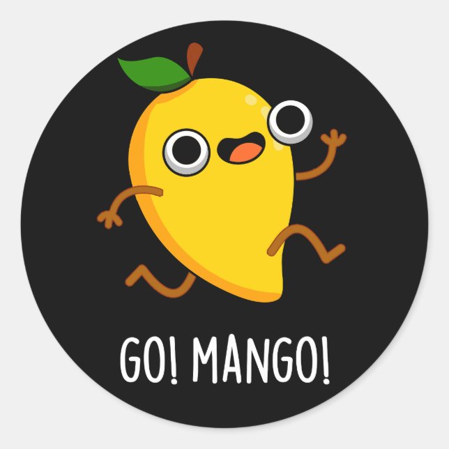 Go Mango Funny Running Mango Pun Dark BG Runder Aufkleber (Vorderseite)