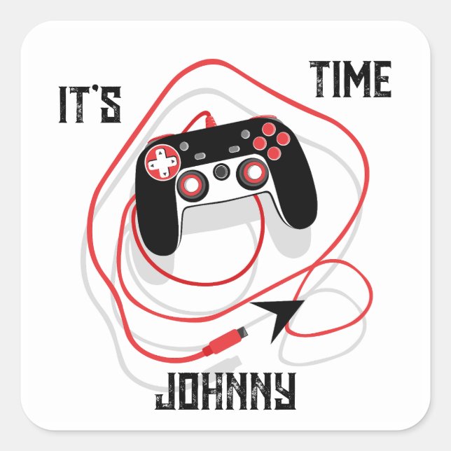 Go Play Video Game Gamer Joystick Red Black White. Quadratischer Aufkleber (Vorderseite)