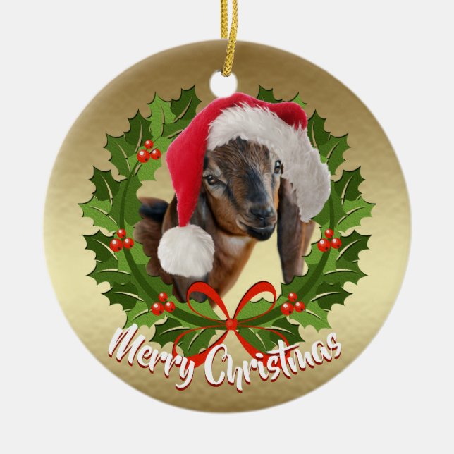 GOAT Nubian Doe Kid Weihnachtsmannmütze Weihnachts Keramikornament (Vorne)