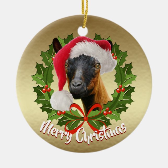 GOAT Oberhasli Milchziege Doe Weihnachtsmannmütze  Keramikornament (Vorne)