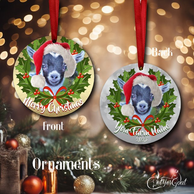 GOAT Pygmy Kid Weihnachtsmannmütze Weihnachtsschmu Keramik Ornament (Adorable pygmy goat lover's Christmas -one side gold, the other silver - date on back  #zazzlemade)